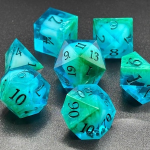 Moonlit Stream Blue Teal Cloudy Transparent Handmade Resin Sharp-Edge Dice Set DnD