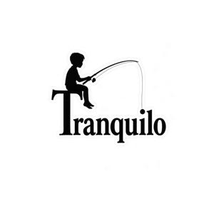 May include: Black and white sticker featuring a silhouette of a person fishing, seated on the letter "T" of the word "Tranquilo". The fishing rod is curved, suggesting a fish is on the line. The word "Tranquilo" is in a bold, sans-serif font.