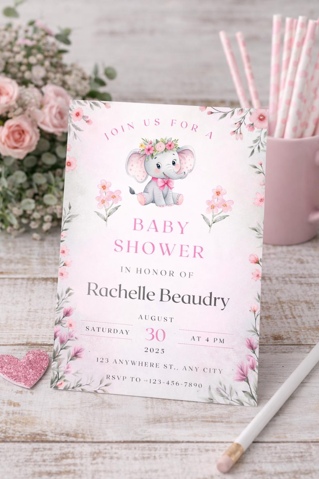 Pink Elephant Baby Shower Invitation, Watercolor Floral, Editable ...