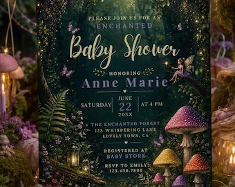 Invitation pour une fête prénatale sur le thème de la forêt enchantée, modèle Canva modifiable sur le thème des fées des bois, invitation pour une fête prénatale sur le thème des champignons