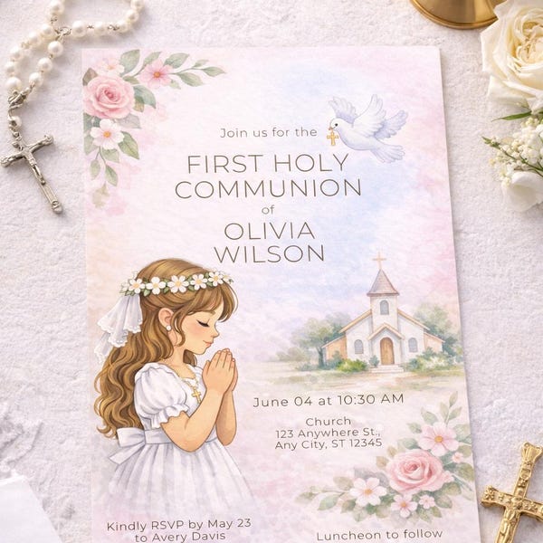 Invitación de Primera Comunión para Niña / Flores Pastel, Iglesia (Descarga Digital Editable)