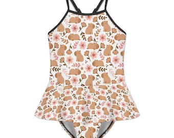 Girls Capybara Swimsuit | Cute Animal One Piece Bathing Suit for Kids | Floral Capybara Swimwear | Toddler Girls Summer Beach Pool Suit