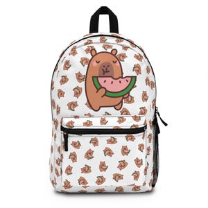 May include: White backpack featuring a repeating pattern of a cartoon bear eating watermelon. The main image shows a larger bear with a watermelon slice. The backpack has a black zipper, a front pocket, and a side mesh pocket.