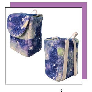 May include: A sewing pattern for a small, galaxy-print backpack. The pattern is rated as easy to sew, with a difficulty level of 3 out of 5 stars. The pattern is available on the website "Next to No Wear.com".