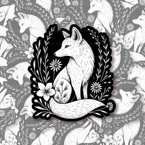 Weatherproof Vinyl Sticker - Fox Flowers, Unique, Fun Sticker for Car, Luggage, Laptop - Artstudio54