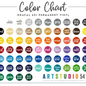May include: A color chart featuring a wide array of colors, including white, black, red, and blue, with names like "lilac" and "turquoise." The text "ORACAL 651 PERMANENT VINYL" is displayed at the top, and "ARTSTUDIO 54" is at the bottom.