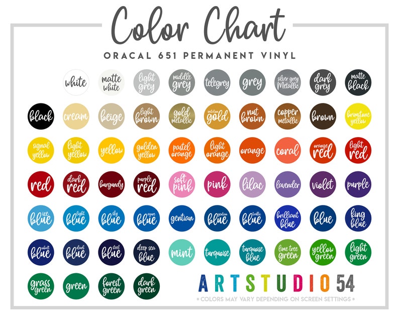May include: A color chart featuring a wide array of colors, including white, black, red, and blue, with names like "lilac" and "turquoise." The text "ORACAL 651 PERMANENT VINYL" is displayed at the top, and "ARTSTUDIO 54" is at the bottom.