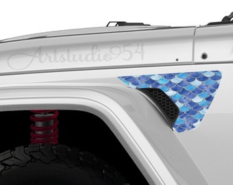 Two Printed Blue Mermaid Fender Vent Decals for JL  -  Accessories, Hood Decals for Women, Vinyl Stickers - Oracle - by Artstudio54