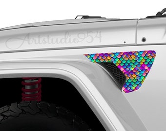 Two Printed Rainbow Mermaid Fender Vent Decals for JL - Accessories, Hood Decals for Women, Vinyl Stickers - Oracle - by Artstudio54