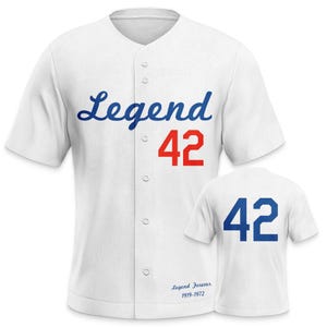 Mens Retro LEGEND #42 Baseball Jersey, Vintage Athletic V-Neck Button-Up Black Blue Jersey, Breathable Jerseys for Baseball Practice, Games