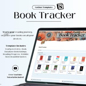 Könnte beinhalten: Ein Laptop-Bildschirm zeigt eine Notion Book Tracker-Vorlage an. Die Vorlage umfasst eine jährliche Übersicht, eine Buchdatenbank, Buchbewertungen, den Leseprozess, eine Wunschliste und die schönsten Zitate. Der Bildschirm hat einen floralen Hintergrund mit dem Text "Book Tracker" oben.