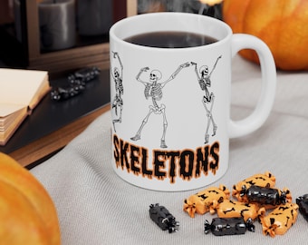 SPOOKY SCARY SKELETONS Halloween Dancing Skeleton Ceramic Mug, (11oz, 15oz)