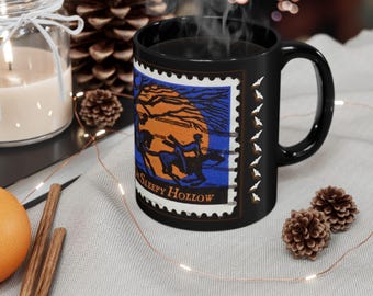 HALLOWEEN HEADLESS HORSEMAN Spooky Bat Folklore Sleepy Hollow Ichabod Crane Vintage Stamp Black Mug (11oz, 15oz)