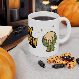 HALLOWEEN VINTAGE HANDS Crystal Ball Witch Fortune Teller &quot;Happy Halloween&quot; Fantasy  Ceramic Mug, (11oz, 15oz)