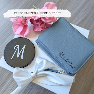 Personalized RFID Blocker Leather Wallet Gift Set with Custom Initial Letter Compact Mirror