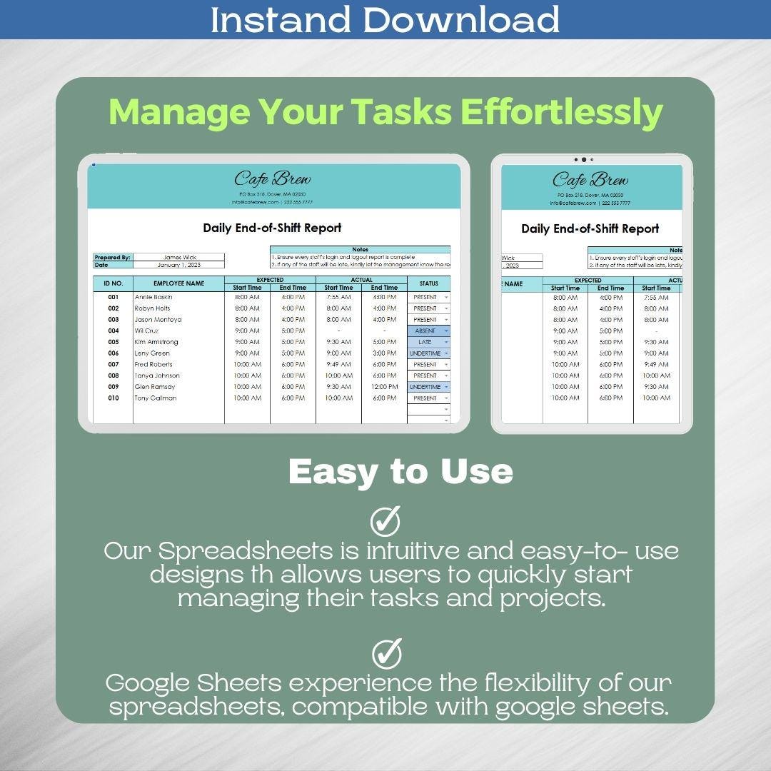 Daily End of Shift Report Template, Editable Google Sheets, Digital ...