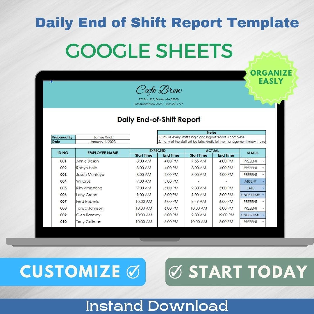 Daily End of Shift Report Template, Editable Google Sheets, Digital ...