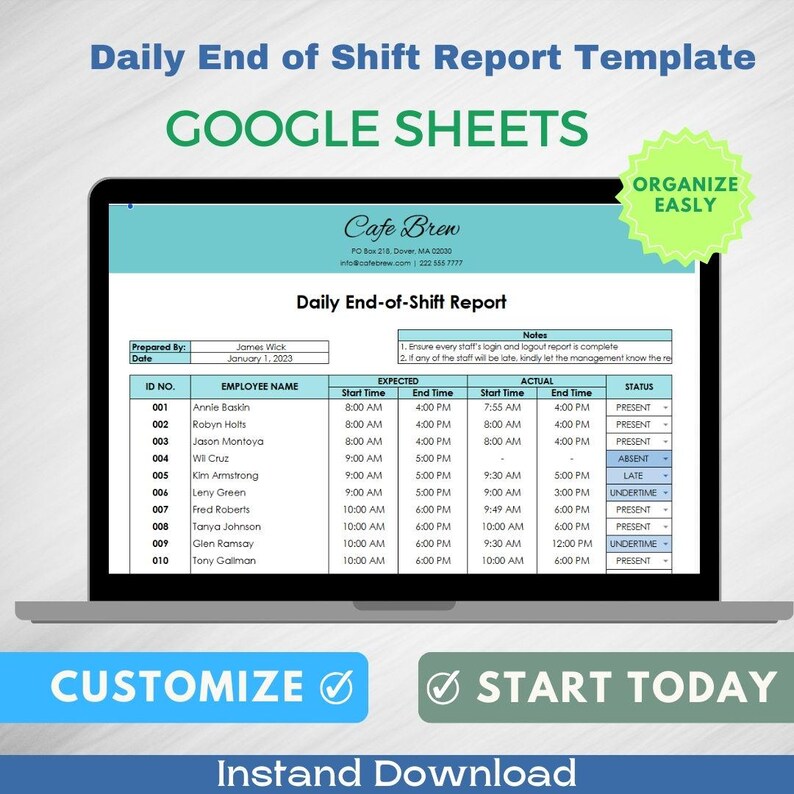 Daily End of Shift Report Template, Editable Google Sheets, Digital ...