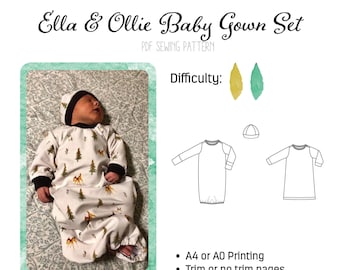 Meyraki Patterns Ella and Ollie Baby Gown and Beanie PDF sewing pattern sizes preemie to 24m Digital Download boy or girl