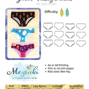 May include: A PDF sewing pattern titled "Junior Varsity Panties" with three examples of finished panties in different patterns. The pattern includes options for knit fabric, bikini or brief styles, and elastic waistbands. The pattern is for kids sizes 18 months to 14 years.