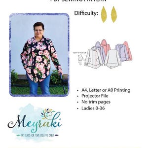 Puede incluir: Un patrón de costura en PDF titulado "Bohemian Wrapsody" con el logotipo de Meyraki. La imagen incluye una foto de una camisa con estampado floral e ilustraciones de chaquetas con capucha. El texto incluye "A4, Letter or A0 Printing" y "Ladies 0-36".