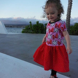 May include: A young girl wearing a pink and red dress with a Minnie Mouse print. The dress has a red polka dot skirt and short sleeves. The girl is standing on a concrete surface with a body of water in the background.