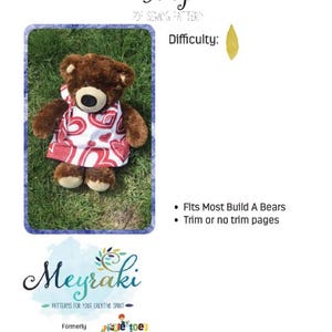 May include: A brown teddy bear wearing a red and white patterned dress, set against a green background. The image includes text that reads "BEARS & BUDDIES Tulip PDF SEWING PATTERN" and "Meyraki PATTERNS FOR YOUR CREATIVE SPIRIT".