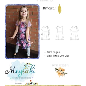 May include: A PDF sewing pattern titled "Sweet 'N Sassy" featuring a young girl wearing a floral dress. The pattern includes trim pages and is available in girls' sizes 12 months to 20 years. The Meyraki logo is also visible.