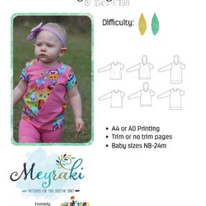 May include: A pink baby tee shirt with a colorful pattern on the sleeves and front panel. The image includes the text "Baby Taylor Tee" and "Meyraki Patterns for your creative spirit". The pattern includes options for a hood and sizes NB-24m.