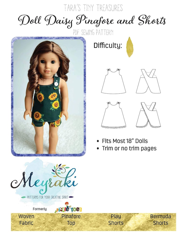 Puede incluir: Un patr&oacute;n de costura PDF para un delantal y pantalones cortos de margarita para mu&ntilde;ecas. El patr&oacute;n es para mu&ntilde;ecas de 45,7 cm e incluye p&aacute;ginas con o sin ribete. El patr&oacute;n es de Meyraki, anteriormente conocido como "Picnic Toes".