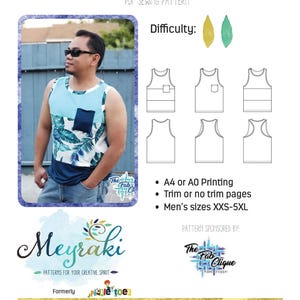 May include: A sewing pattern for a "Triple Play Tank" featuring a person in a tropical print tank top. The pattern offers options for pocket, vest, athletic, or racerback styles. The pattern is sponsored by The Fab Clique.