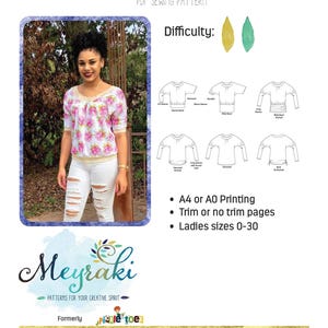 Puede incluir: Un patrón de costura en PDF titulado "Xanadu Dolman", con una foto de una mujer con un top floral. El patrón incluye varios estilos de mangas y dobladillos, y está disponible en tallas de mujer 0-30. El patrón es de Meyraki Patterns.