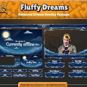 Fluffy Dreams - Animated Stream Overlay Package | Blue Cute Night Sky for OBS, Twitch, YouTube, Kick - Screens, Alerts, Panels