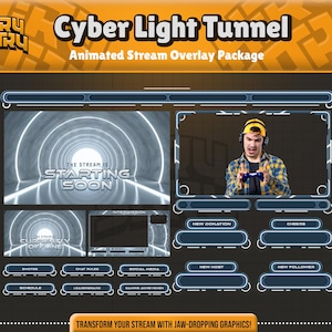 Cyber Light Tunnel/Animated Stream Overlay Pack/OBS, Twitch, YouTube, Kick/Futuristic Vibes/scenes, webcam, panel, alert, transition