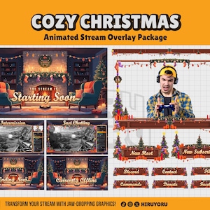 Puede incluir: Un paquete de superposición de transmisión animada Cozy Christmas con una chimenea, árboles de Navidad y un streamer jugando un videojuego. La superposición incluye una pantalla de inicio, una pantalla de intermisión, una pantalla de chat, una pantalla de nuevo anfitrión, una pantalla de nuevo suscriptor, una pantalla de finalización, una pantalla actualmente fuera de línea y enlaces a redes sociales.