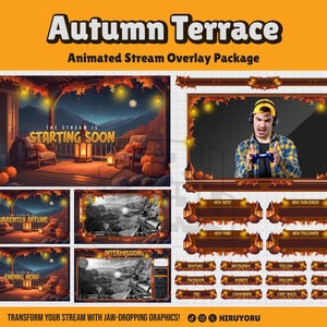 Op de afbeelding: Geanimeerd stream overlay-pakket met een herfstthema. De overlay toont een veranda-scène met pompoenen, een open haard en een gloeiende lantaarn. De tekst "The stream is starting soon" wordt weergegeven op de overlay.