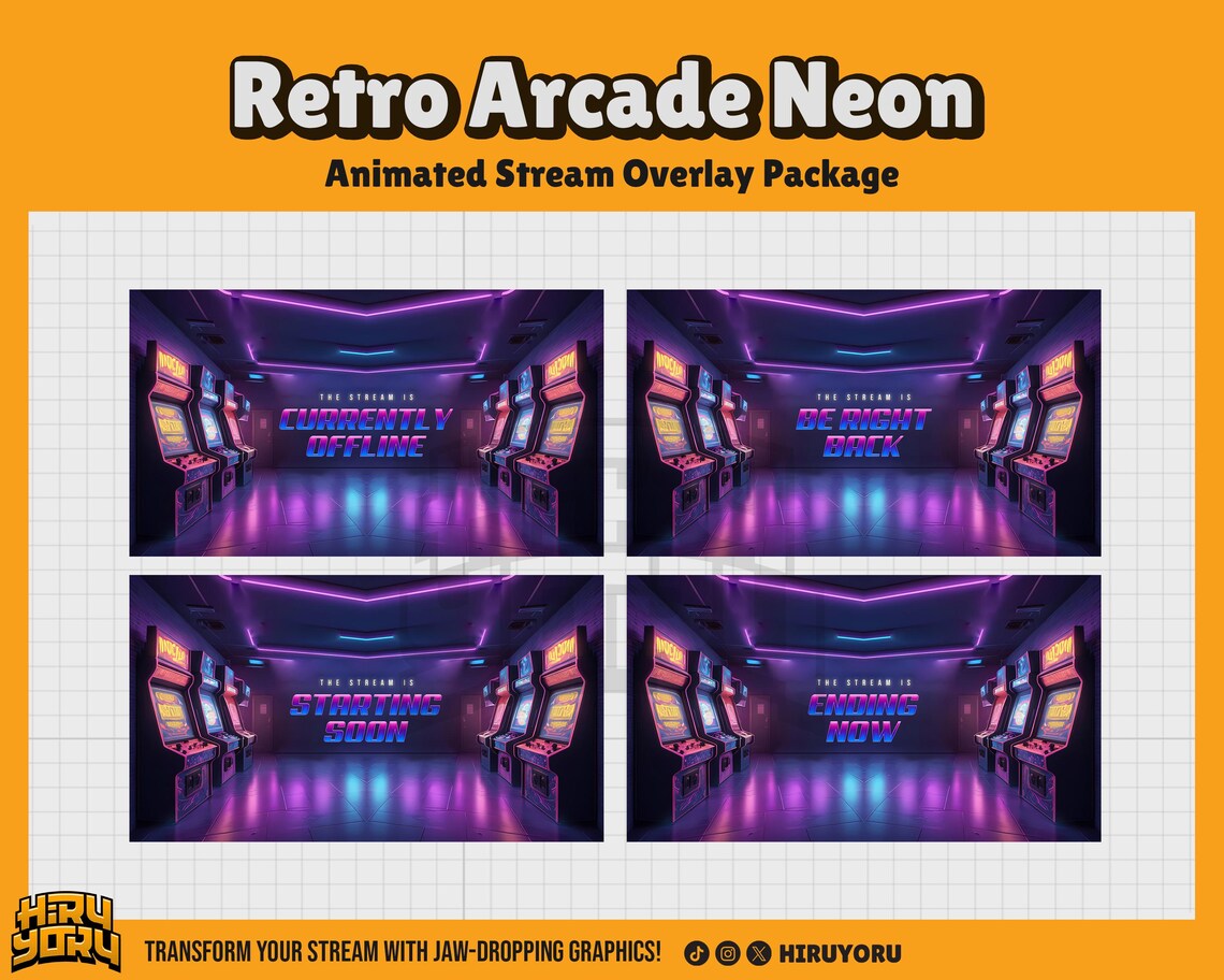 Retro Arcade Neon Animated Stream Overlay Pack for Twitch, Youtube ...