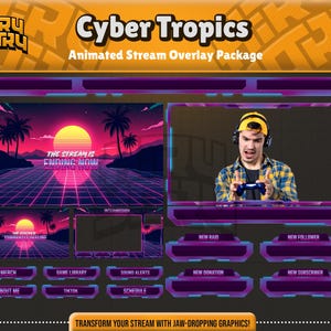 Cyber Tropics Animated Stream Overlay Pack/Twitch Overlay Package/Vaporwave Theme/Neon Stream Panels/Animated Alert & Webcam/stream overlay