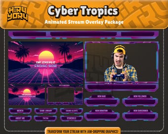 Cyber Tropics Animated Stream Overlay : Vaporwave Neon Theme