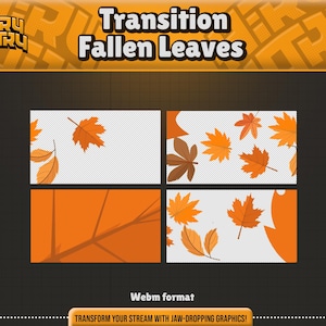 May include: A digital graphic with the text "Transition Fallen Leaves" and the logo "HIRU YORY". The image features four panels with orange leaves and branches on a white background. The bottom panel has the text "Webm format".