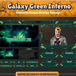 Galaxy Green Inferno Animated Stream Overlay Pack for Twitch, YouTube, Kick | Sci-Fi Space Design | Twitch Overlay - Stream Overlay