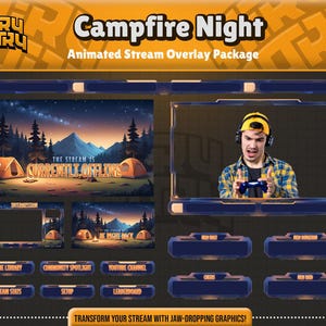 May include: A digital illustration of a campfire scene with a starry night sky. The text "The stream is currently offline" is displayed in the center of the image. The image is part of a stream overlay package for online streaming.