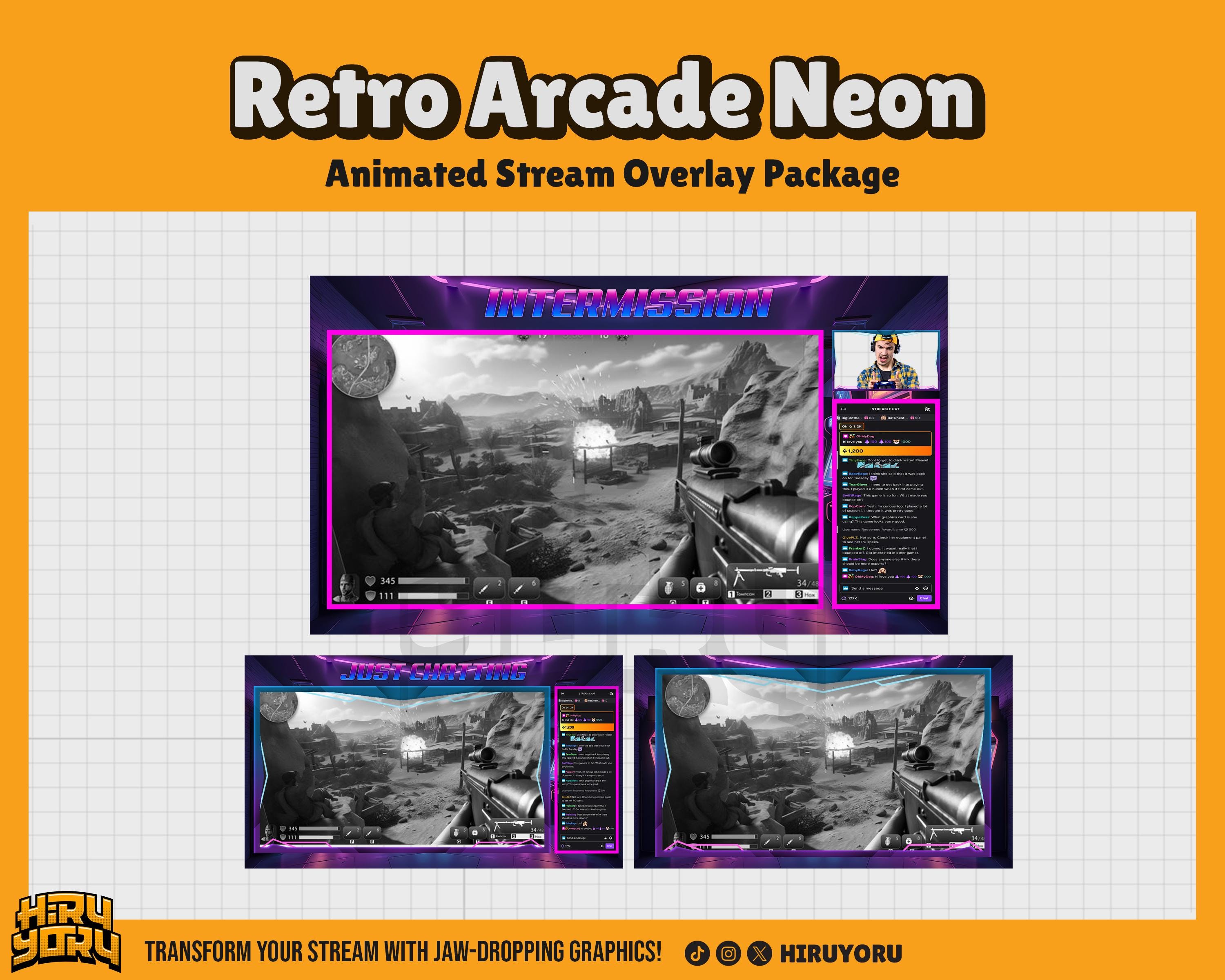 Retro Arcade Neon Animated Stream Overlay Pack for Twitch, Youtube ...