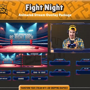 May include: A boxing ring with blue and red ropes, a blue and red boxing ring mat, and a blue and red boxing ring background. The text "THE STREAM WILL BE RIGHT BACK" is displayed in the center of the ring. The image is a graphic design for a Twitch stream overlay.