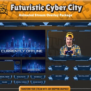 Futuristic Cyber City Animated Stream Overlay Pack for twitch, YouTube, kick | Neon Blue | Sci-Fi | Twitch Overlay | Stream Overlay