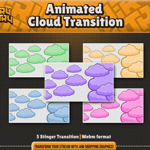 Animated Cloud Stream Transition - Cute Pastel Stinger for OBS, Twitch, Vtuber - 5 color included - Pink - Blue - Purple - Green - Orange