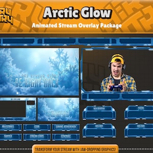 Paquete de superposiciones animadas de transmisión Arctic Glow para Twitch, YouTube y Kick - Superposición de Twitch - Ambiente azul helado - Superposición de transmisión