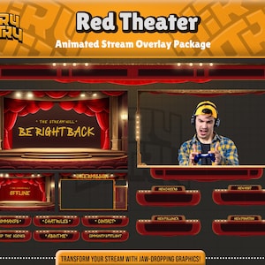 May include: Red Theater animated stream overlay package with a red curtain stage, a person playing a video game, and various customizable panels for stream information. The text "The stream will be right back" is displayed on the stage.