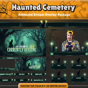 Może przedstawiać: Cyfrowy pakiet nakładek o tematyce nawiedzonego cmentarza. Projekt zawiera upiorną scenę cmentarza z czarnym kotem, animowanymi elementami oraz tekstem „Haunted Cemetery” i „Animated Stream Overlay Package”.