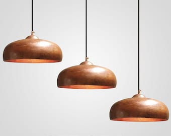 Handmade Copper Dome Pendant Light Set of 3: Rustic Industrial Hanging Lamps